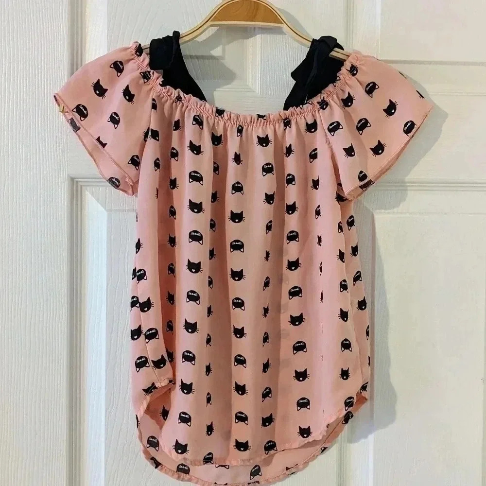 Black Cat Print Lily Bleu Pink Off Shoulder Bow Girls Shirt Sz.‎ S 7/8